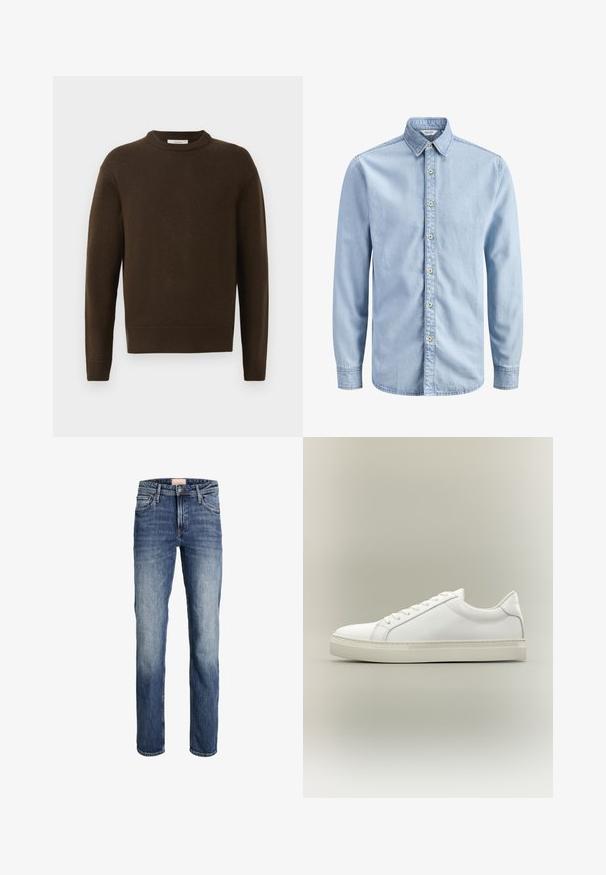 Brun strikket sweater med rund hals, lange ærmer og ribbede manchetter. Blød tekstur, glat finish og en afslappet pasform.; Lyseblå denimskjorte med lange ærmer, knappet krave og en række af syv beige knapper ned foran.; Straight-leg blå jeans med let falmning på lår og knæ, frontlukning med knap og lynlås samt femlommesdesign.; Hvid lavtop sneaker med snørebånd foran og tyk sål, vist fra siden mod en neutral baggrund.