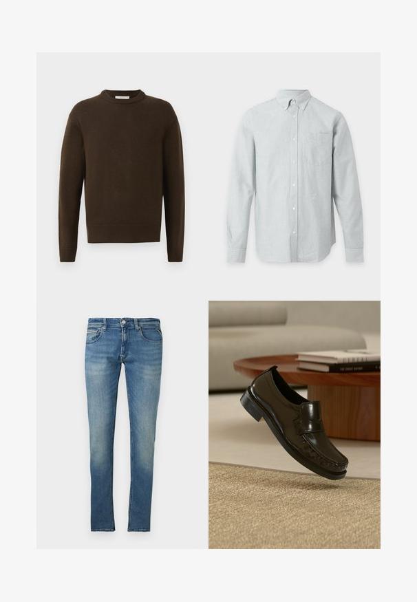 Brun strikket sweater med rund hals, lange ærmer og ribbede manchetter. Blød tekstur, glat finish og en afslappet pasform.; Langærmet, knap-tilskjorte med tynde lodrette grå og hvide striber og en enkelt brystlomme på en ensfarvet baggrund.; Blå slim-fit denim jeans med for- og baglommer, knaplukning og subtile falmede detaljer på lår og knæ.; Sort læder slip-on loafersko svævende over et beige vævet tæppe med et træ sofabord og bøger i baggrunden.