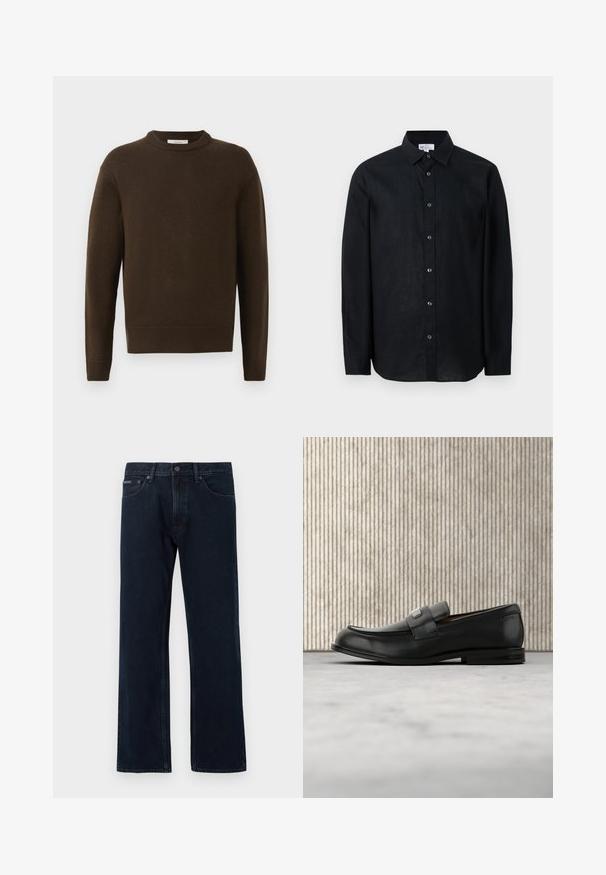 Suéter de punto marrón con cuello redondo, mangas largas y puños acanalados. Textura suave, acabado liso y corte relajado.; Camisa negra de manga larga con botones y cuello, mostrada extendida sobre un fondo blanco.; Vaqueros de pierna recta azul oscuro con cierre frontal de botón y cremallera, bolsillos delanteros y trabillas para cinturón.; Mocasín de cuero negro con una placa metálica de marca apoyado cerca de una mesa redonda marrón sobre un suelo alfombrado beige.
