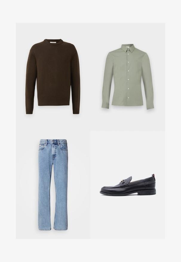 Brun strikket sweater med rund hals, lange ærmer og ribbede manchetter. Blød tekstur, glat finish og en afslappet pasform.; Lysegrøn skjorte med lange ærmer, knaplukning på kraven og hvide knapper, vist på en ensartet hvid baggrund.; Lyseblå denimjeans med lige ben design, fem lommer og knaplukning. Syninger nær lommer og talje.; Sort lædermokasin med grå tekstureret forfod, sølvfarvet metalspænde, lav hæl og trækflap bagpå.