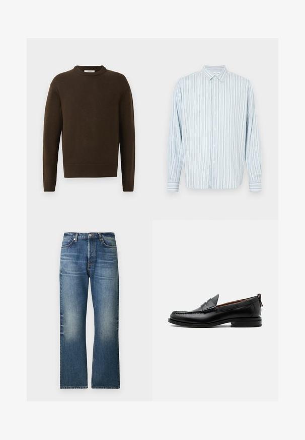 Brun strikket sweater med rund hals, lange ærmer og ribbede manchetter. Blød tekstur, glat finish og en afslappet pasform.; Lyseblå langærmet skjorte med knapper, med smalle lodrette sorte og hvide striber og en spids krave, vist på en hvid baggrund.; Lyseblå denimjeans med lige ben, der har falmede områder, fem lommer og en klassisk knaplukning ved taljen.; Sort læder herre loafer med moc-tå syning, penny strop, struktureret krave og lav stablet hæl på hvid baggrund.