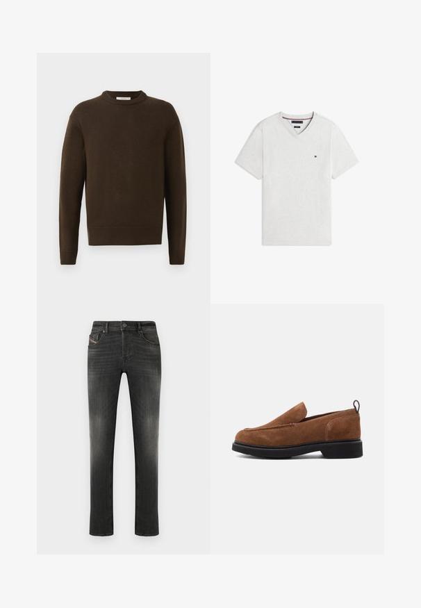 Brun strikket sweater med rund hals, lange ærmer og ribbede manchetter. Blød tekstur, glat finish og en afslappet pasform.; Lysegrå kortærmet V-hals T-shirt med lille Tommy Hilfiger-logo på venstre bryst og mærket label inde i kraven.; Mørkegrå jeans med standard pasform, fem-lomme-design, let falmen og en subtil tekstureret afslutning. Metal knaplukning ved taljen.; Brune ruskind slip-on sko med rund tå, sort gummisål og en lille hæl. Har dekorativ syning på overdelen.