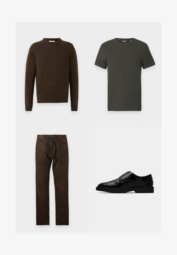 Brun strikket sweater med rund hals, lange ærmer og ribbede manchetter. Blød tekstur, glat finish og en afslappet pasform.; Mørkegrøn kortærmet t-shirt med rund halsudskæring, lavet af ribbet materiale; har et enkelt, minimalistisk design uden mønstre.; Brune denim jeans med en let slidtegn, lige ben-design, fem lommer og en knaplukning i taljen.; Sorte læder dress sko med en glat finish, rund tå, snørebåndsdesign og diskret gummisål for godt greb.
