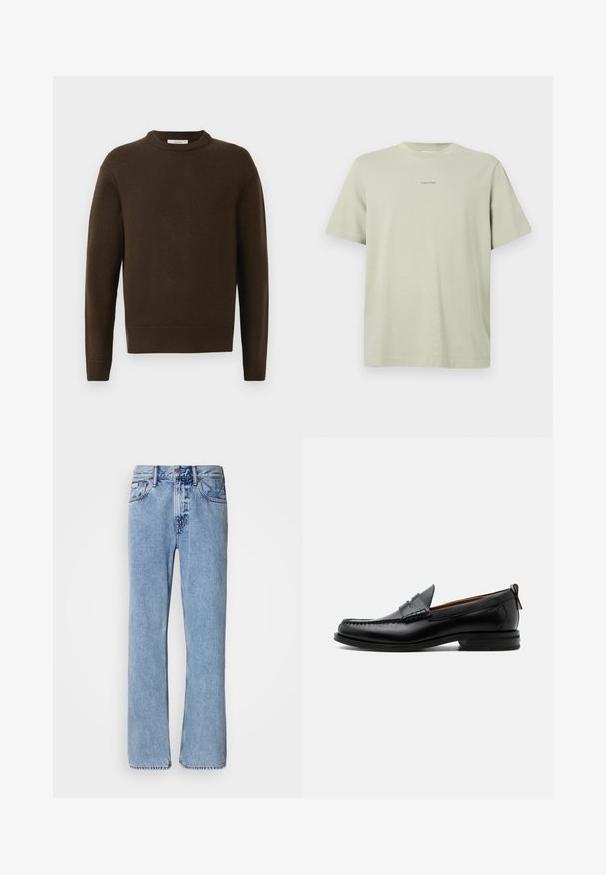 Bruine gebreide trui met een ronde hals, lange mouwen en ribgebreide manchetten. Zachte textuur, gladde afwerking en een ontspannen pasvorm.; Lichtgroene katoenen t-shirt met een ronde hals, korte mouwen en een klein Calvin Klein-logo in een donkerdere tint gedrukt op de borst.; Lichtblauwe denim jeans met een recht ontwerp, vijf zakken en een knoopsluiting. Stikdetails nabij de zakken en de tailleband.; Zwarte leren herensloffen met moc toe stiksel, pennyriem, gestructureerde kraag en lage gestapelde hak op witte achtergrond.