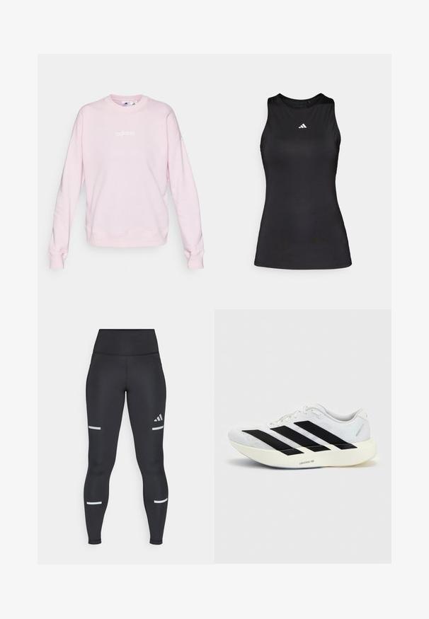 Kerge roosa sviiter, mis on valmistatud pehmest kangast, ümarate kaelustega, pikkade varrukatega ning esiküljel valge Adidas'i logo.; Must kahega sportlik top, mis on valmistatud siledast kangast. Omab ümmargust kaelust ja väikest valget Adidas logo rinnal.; Mustad kõrge vöökohaga mustad retuusid, mis on valmistatud siledast materjalist. Omavad valgeid peegeldavaid triipe põlvede lähedal ja Adidas logo.; Valge jooksujalanõu musta kolme triibu disainiga küljel ja paksu valge tallaga, millel on silt "Lightstrike Pro" ühtlasel taustal.