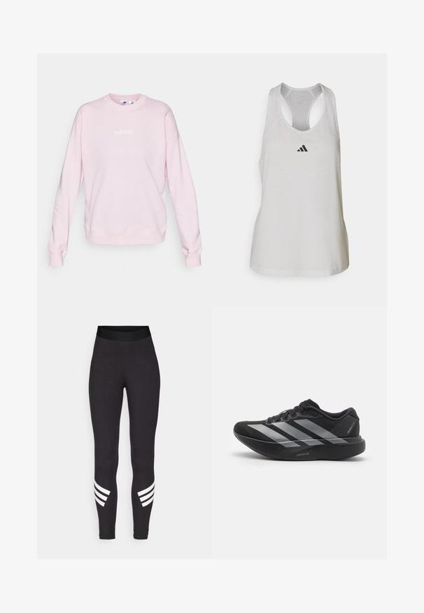 Sweatshirt rose clair en tissu doux, avec un col rond, des manches longues et un logo Adidas blanc sur le devant.; Débardeur de sport blanc en tissu léger avec un dos nageur et un petit logo noir sur la poitrine.; Leggings noirs en tissu extensible, dotés d'une large taille élastique et de trois rayures blanches horizontales près des bas des jambes.; Chaussure de course noire avec des rayures argentées, semelle épaisse rembourrée étiquetée "Lightstrike Pro," vue de côté sur fond blanc.
