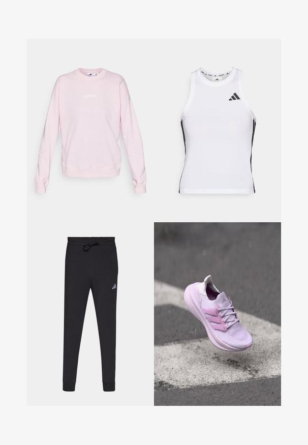 Kerge roosa sviiter, mis on valmistatud pehmest kangast, ümarate kaelustega, pikkade varrukatega ning esiküljel valge Adidas'i logo.; Valge sportlik singel, millel on mustad küljeaktsendid ja logo. Omab ümarat kaelust ja lähedast lõiget, valmistatud kergest ja hingavast materjalist.; Mustad mustad spordipüksid pehmest kangast, millel on nööriga vöökoht, kitsenevad jalad ja väike valge Adidas'i logo vasakul reiele.; Hele lilla spordijalats võrgust üliskihiga, roosade detailide ja valgete paeltega, pehme tallaga. Õhus maalitud pinna kohal.