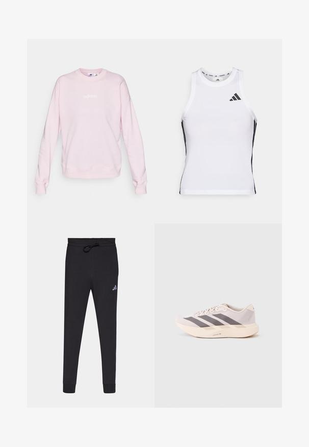 Kerge roosa sviiter, mis on valmistatud pehmest kangast, ümarate kaelustega, pikkade varrukatega ning esiküljel valge Adidas'i logo.; Valge sportlik singel, millel on mustad küljeaktsendid ja logo. Omab ümarat kaelust ja lähedast lõiget, valmistatud kergest ja hingavast materjalist.; Mustad mustad spordipüksid pehmest kangast, millel on nööriga vöökoht, kitsenevad jalad ja väike valge Adidas'i logo vasakul reiele.; Kerged sporditossud helelilla ja halli toonis, millel on võrguline pealmine osa, kolm tumedat triipu ning paks kreemjas tallaosa, millel on silt "LIGHTSTRIKE PRO".