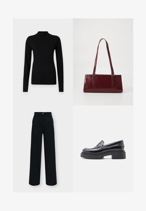 Pull noir ajusté à col roulé manches longues avec poignets et ourlet côtelés sur fond gris clair.; Pantalon noir taille haute à jambes larges avec bouton à l'avant et passants de ceinture, présenté sur un fond clair.; Mocassins en cuir noir avec un bout arrondi, dotés d'une semelle plateforme surélevée et d'une simple sangle décorative sur le dessus. Fini lisse.; Sac à main bordeaux en matériau brillant, de forme rectangulaire, avec deux anses et des accents légèrement courbés à l'avant.