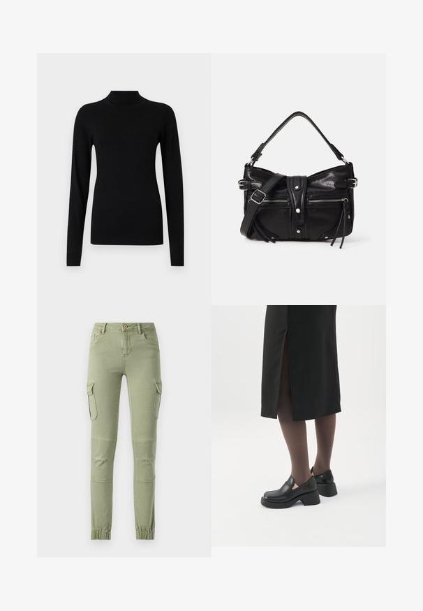 Pull noir ajusté à col roulé manches longues avec poignets et ourlet côtelés sur fond gris clair.; Pantalons cargo en tissu vert clair avec une coupe ajustée, deux poches latérales et des poignets élastiques aux chevilles pour un look fuselé.; Femme portant des mocassins noirs à talons épais, des collants noirs transparents et une jupe noire fendue à l'arrière sur fond blanc.; Even&Odd by Zalando H24462 - Sac à main - black