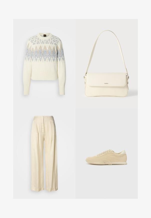 Pull en maille crème avec poignets et ourlet côtelés, présentant des motifs géométriques bleus et beiges sur la poitrine et le haut des manches.; Pantalon en soie crème taille haute avec plis, jambes larges et fermeture éclair avant dissimulée sur un fond blanc uni.; Baskets en suede beige avec un design à lacets, dessus texturé, semelle en caoutchouc contrastante et un léger talon. Style minimaliste avec un branding subtil.; Sac à bandoulière en cuir couleur crème avec fermeture à rabat, quincaillerie argentée, une bandoulière réglable et un logo discret.