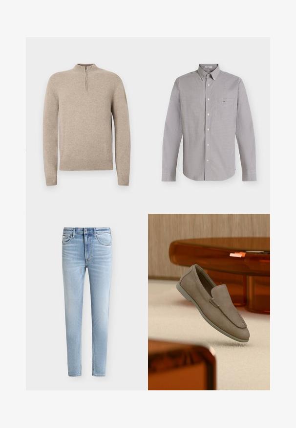 Pull-over en tricot beige avec un col à zip mi-hauteur, des poignets et un ourlet côtelés. Texture lisse avec une silhouette ajustée.; Chemise à manches longues boutonnée avec petit motif à carreaux noir et blanc et une poche poitrine sur fond clair.; Jean slim fit bleu clair avec poches avant, passants de ceinture et fermeture devant par bouton et zip.; Mocassin beige en daim à enfiler avec coutures visibles et semelle claire, positionné au-dessus d'un tapis crème, avec un meuble translucide orange en arrière-plan.