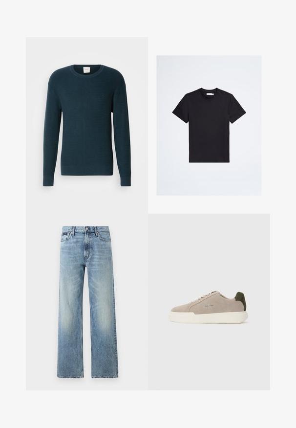 Pull en maille de couleur bleu canard, avec un col rond, des manches longues et un motif texturé. Il présente un petit logo sur la poitrine.; T-shirt noir à manches courtes, col rond, avec un petit logo ton sur ton sur la poitrine gauche et une étiquette blanche de la marque à l'intérieur du col.; Jean droit en denim bleu clair avec taille haute, cinq poches, fermeture à boutons et léger délavage sur les cuisses et les genoux.; Baskets en suède beige avec une semelle en caoutchouc blanche, présentant un accent de talon vert foncé et une branding subtile sur le côté.