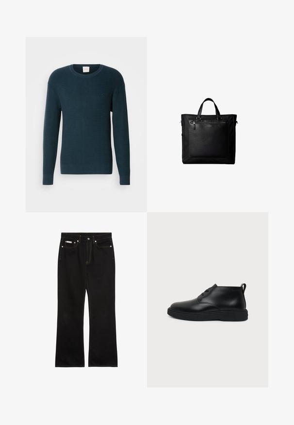 Pull en maille de couleur bleu canard, avec un col rond, des manches longues et un motif texturé. Il présente un petit logo sur la poitrine.; Jean noir droit avec coutures orange, cinq poches, fermeture par bouton, et une petite étiquette Calvin Klein sur la poche avant droite.; Chaussure montante en cuir noir à lacets avec semelle épaisse en caoutchouc et languette au talon, vue de profil sur fond uni.; Sac cabas noir avec doubles poignées, grande poche avant en cuir avec fermeture éclair et logo discret Calvin Klein au centre de la poche.