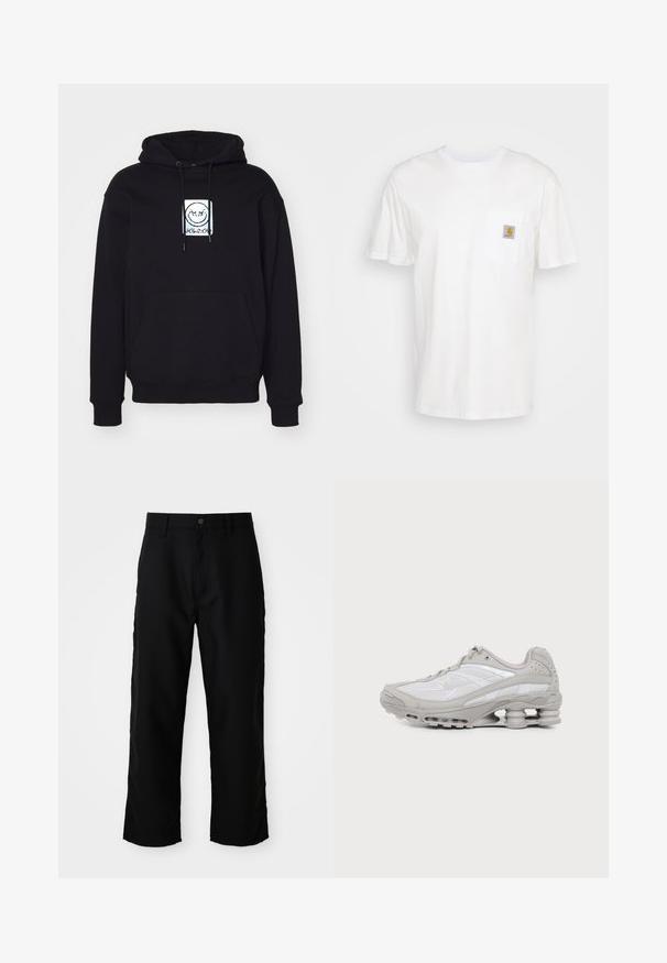 Hoodie noir en tissu doux, avec un graphisme centré représentant un visage souriant. Il est équipé d'une poche avant et d'une capuche réglable avec cordon.; T-shirt en coton blanc à manches courtes, avec une poche poitrine et un petit patch logo carré en orange et blanc sur la poche.; Pantalons droits noirs avec passants de ceinture, bouton frontal et fermeture éclair sur fond clair uni.; Baskets de sport grises et blanches avec semelle à coussin d'air visible et panneaux en mesh, présentées de profil sur un fond clair uni.