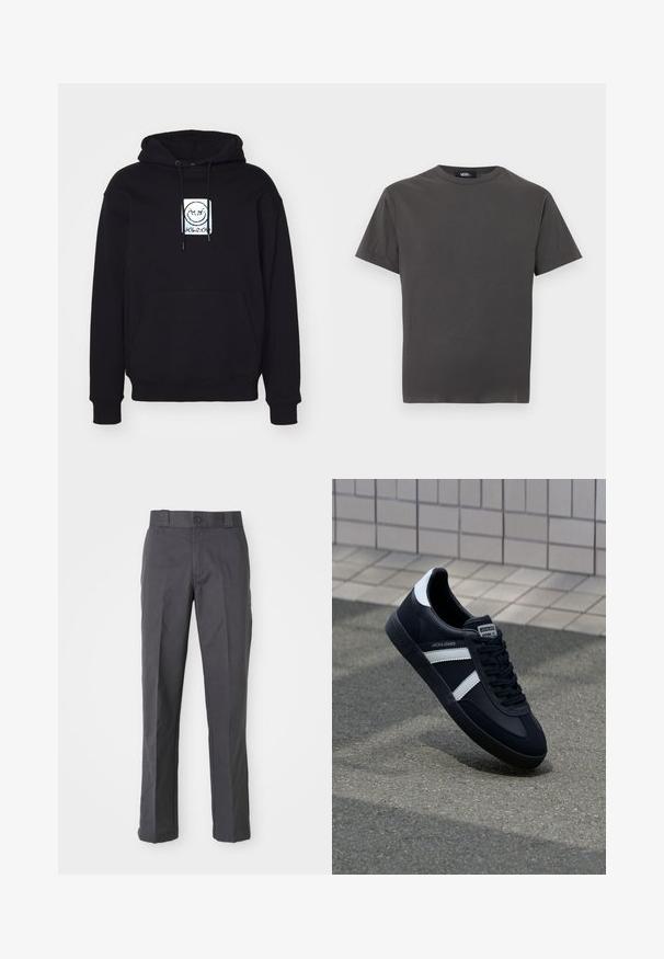 Hoodie noir en tissu doux, avec un graphisme centré représentant un visage souriant. Il est équipé d'une poche avant et d'une capuche réglable avec cordon.; T-shirt gris à manches courtes en coton, avec un col rond et une coupe décontractée, doté d'une texture lisse sans motifs ni accents visibles.; Pantalons gris foncé en mélange de coton, présentant un design à jambes droites, des poches avant et une fermeture à bouton à la taille.; Sneaker en cuir noir avec des rayures blanches, semelle en caoutchouc texturée et devant à lacets. Présente une étiquette de marque sur la languette.