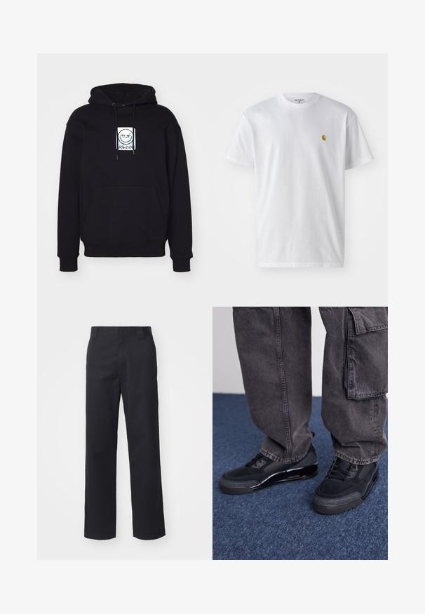 Hoodie noir en tissu doux, avec un graphisme centré représentant un visage souriant. Il est équipé d'une poche avant et d'une capuche réglable avec cordon.; T-shirt en coton blanc à manches courtes, col rond, avec un petit logo doré sur la poitrine gauche. Texture douce et coupe régulière.; Pantalons droits noirs en tissu en mélange de coton. Présentent une taille plate avec passants de ceinture et sans matériel ou embellissements visibles.; Des chaussures de sport noires avec une surface texturée, des accents lisses et une semelle épaisse, accompagnées de pantalons cargo larges et foncés.