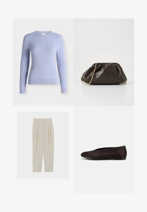 Pull bleu clair à manches longues en maille torsadée avec poignets et ourlet côtelés, avec un petit logo brodé sur la poitrine gauche.; Pantalon beige taille haute, ajusté avec des plis, poches latérales, passants pour ceinture et fermeture éclair à l'avant.; Chaussure plate noire avec un bout arrondi et un petit talon, présentant une surface lisse légèrement texturée et un design simple à enfiler.; Sac à main en cuir marron avec un design froncé, une bandoulière en chaîne dorée et une finition douce et texturée. Sa forme compacte est idéale pour une utilisation en soirée.
