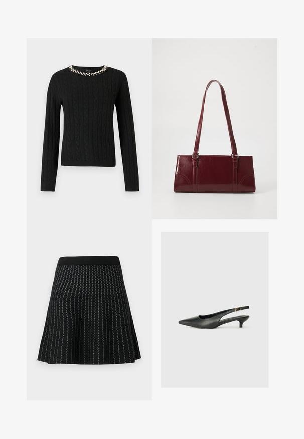 Pull en maille noir à manches longues et col rond orné d'une rangée de perles fantaisie le long du col.; Jupe noire en mailles texturées avec des rayures argentées en zigzag, conçue avec une silhouette évasée et une taille noire solide.; Chaussure slingback noire à bout pointu en cuir lisse. Présente un talon fin et un détail de boucle sur la sangle réglable.; Sac à main bordeaux en matériau brillant, de forme rectangulaire, avec deux anses et des accents légèrement courbés à l'avant.