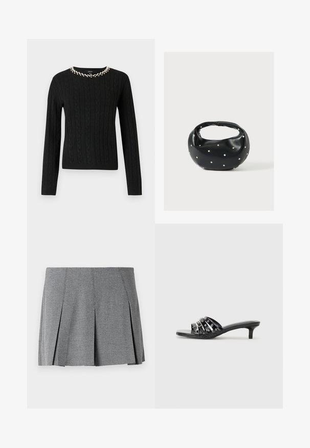 Pull en maille noir à manches longues et col rond orné d'une rangée de perles fantaisie le long du col.; Jupe mini plissée grise en tissu texturé, avec un motif à carreaux et une coupe droite agrémentée de fentes sur les côtés.; Sandales à talons noires avec plusieurs brides brillantes et des accents métalliques, présentant un bout pointu et des talons kitten discrets. Texture lisse.; Sac à main en cuir noir de forme arrondie, décoré de clous argentés et équipé d'une poignée courte. Texture lisse et fermeture éclair.