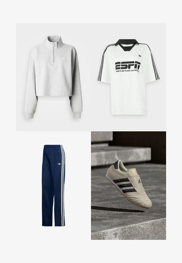 Sudadera recortada de color gris claro con cuello alto y media cremallera. Presenta mangas sueltas y un pequeño logo blanco en el pecho. Material de mezcla de algodón.; Camiseta blanca de manga corta con cuello negro, tres rayas negras en las mangas y texto negro en negrita que dice "ESPN" y "NO HAY LUGAR COMO LOS SPOTS."; Pantalones deportivos azul marino hechos de una tela suave y ligera, con tres rayas blancas laterales y un bolsillo lateral con cremallera.; Zapatilla deportiva beige con parte superior texturizada, diseño de tres rayas negras y suela plana de goma. Incluye una solapa plegable sobre los cordones.