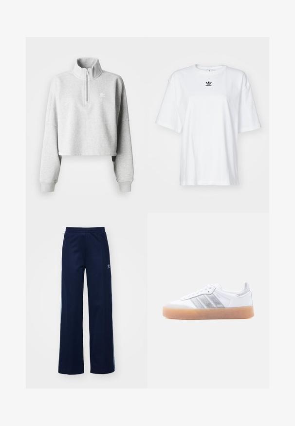 Ανοιχτό γκρι κοντό sweatshirt με ψηλό γιακά και μισό φερμουάρ. Διαθέτει φαρδιές μανσέτες και ένα μικρό λευκό λογότυπο στο στήθος. Υλικό από μείγμα βαμβακιού.; Λευκό κοντομάνικο t-shirt από βαμβάκι. Διαθέτει στρογγυλή λαιμόκοψη και ένα μικρό μαύρο λογότυπο της Adidas στο στήθος. Ευθεία ραφή στο τελείωμα.; Σαλοπέτες από καμβά βαμβακερού με παραλληλόγραμμο σχεδιασμό και φαρδιά πόδια, ελαστική μέση και τσέπες με φερμουάρ, με λευκές λωρίδες στα πλάγια και λεπτομέρεια λογότυπου.; Λευκό χαμηλό παπούτσι με καουτσούκ σόλα, ασημένιες ρίγες στα πλαϊνά και κλείσιμο με κορδόνια, απεικονίζεται σε απλό φωτεινό φόντο.