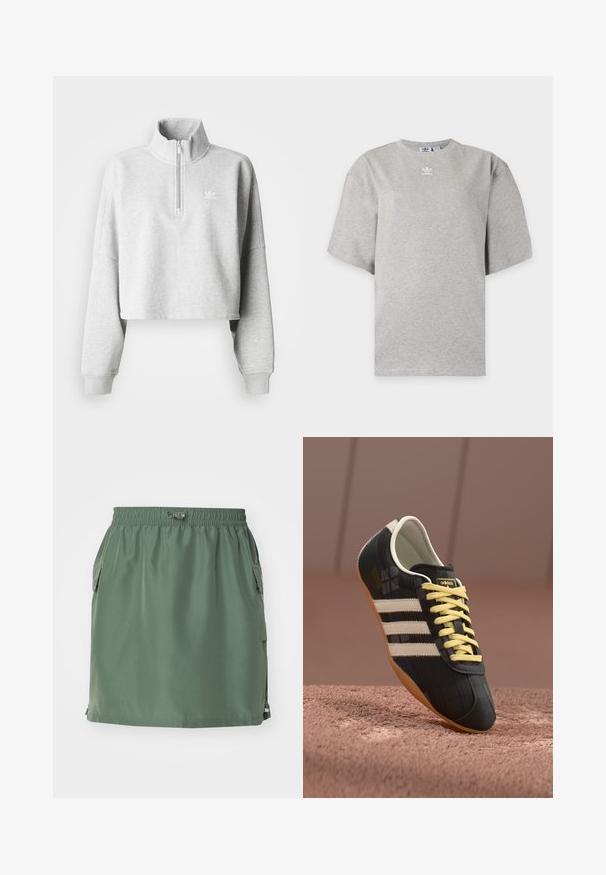 Heled halli lühike sviiter kõrge kaelusega ja poolkinnituseta. Omab laiu varrukaid ja väikest valget logo rinnal. Puuvilla segune materjal.; Helehall Adidas lühikeste varrukatega t-särk, ümara kaelusega ja väikese valge Adidas logoga rinnal, esitatud lihtsal taustal.; Kergest kanga roheline seelik, millel on elastne vöökoht, küljetaskud ja sirge lõige koos ääre aktsendiga.; Must mustus kingad kolme valge triibuga, kollased paelad ja tekstuuriga viimistlus. Omab kaarjat disaini ja kummist talla.