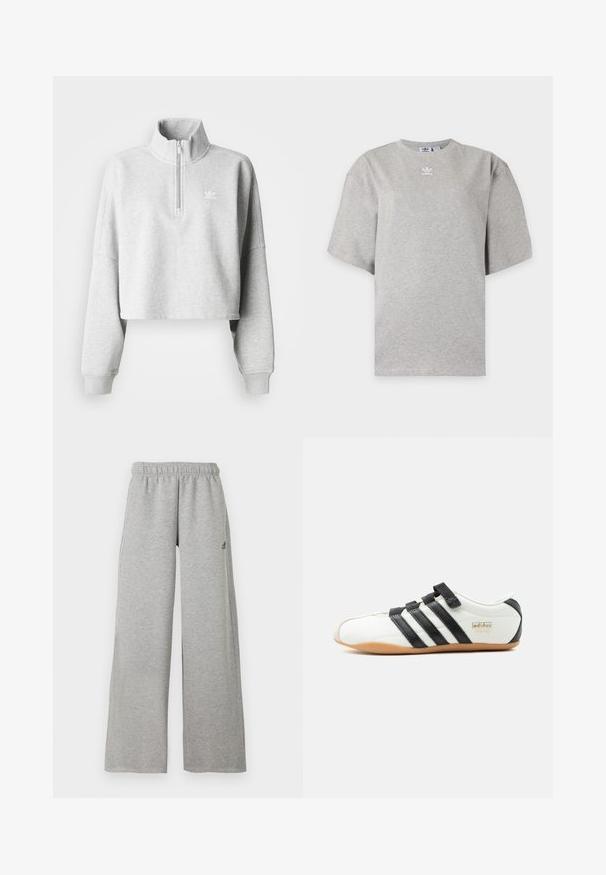 Sudadera recortada de color gris claro con cuello alto y media cremallera. Presenta mangas sueltas y un pequeño logo blanco en el pecho. Material de mezcla de algodón.; Camiseta Adidas de manga corta color gris claro con cuello redondo y pequeño logo blanco de Adidas en el pecho, mostrada sobre un fondo liso.; Pantalones deportivos de pierna ancha gris claro con cinturilla elástica y pequeño logo negro de Adidas en el muslo derecho.; Zapatilla Adidas Tokyo blanca con rayas negras, correas de velcro negras y suela de goma, vista de lado sobre fondo blanco.