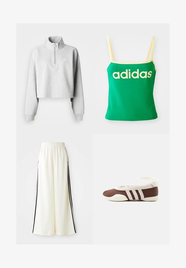 Sudadera recortada de color gris claro con cuello alto y media cremallera. Presenta mangas sueltas y un pequeño logo blanco en el pecho. Material de mezcla de algodón.; Top verde con detalles amarillos, hecho de material elástico. Presenta un gran logo de "adidas" amarillo en el frente y tirantes delgados.; Pantalones anchos blancos con cintura elástica y rayas verticales negras a lo largo de las costuras exteriores.; Zapato plano de ballet marrón y blanco con tres franjas blancas y lazo para atar en el tobillo sobre un fondo claro y sencillo.