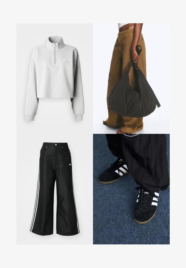 Sudadera recortada de color gris claro con cuello alto y media cremallera. Presenta mangas sueltas y un pequeño logo blanco en el pecho. Material de mezcla de algodón.; Pantalones de denim anchos y negros con tres franjas blancas en cada lado y un pequeño logo blanco. Cuenta con bolsillos frontales y un cierre de botón.; Zapatillas deportivas de ante negro con tres rayas blancas y cordones negros. Un pantalón negro texturizado es parcialmente visible al lado de las zapatillas.; Persona con pantalones marrones de pata ancha y top blanco sosteniendo un gran bolso negro blando por la correa a su lado.
