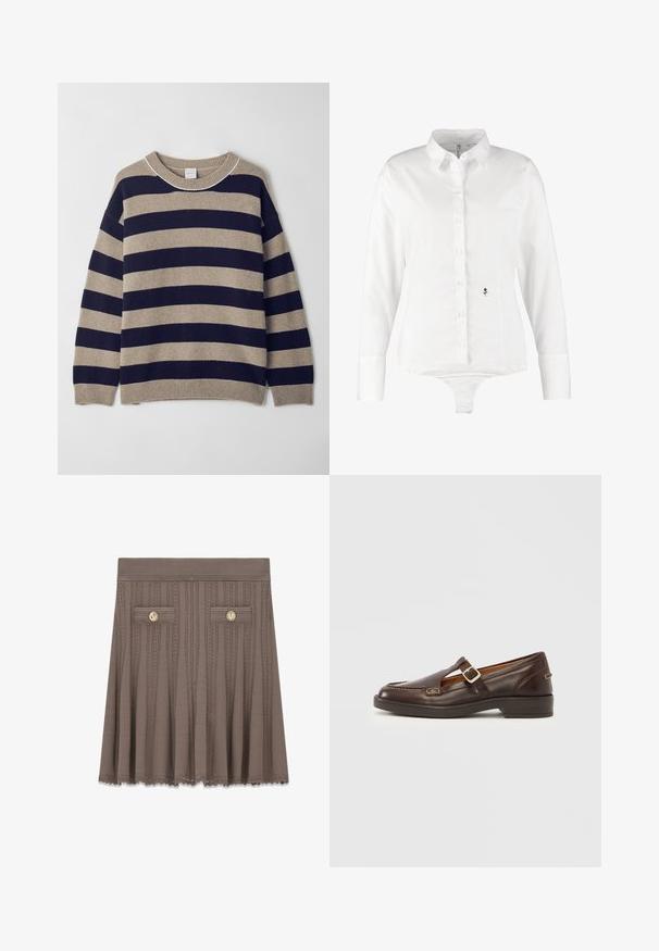 Gestreepte trui in beige en marineblauw, gemaakt van zachte materialen. Beschikt over een ronde hals, verlaagde schouders en geribde manchetten en zoom.; Witte longsleeve shirt met een knoopsluiting aan de voorkant, gemaakt van gladde stof. Heeft een klein zwart bloemenlogo aan de linkerzijde. Ontwerp met een bodysuit onderkant.; Bruine gebreide A-lijnrok met verticale kabelpatronen, twee decoratieve zakken aan de voorkant en goudkleurige knopen bij de tailleband.; Bruine leren schoen met een afgeronde neus, uitgesneden ontwerp en een bandje met een zilveren gesp. Lage, stevige zwarte hak met decoratieve stiksel.