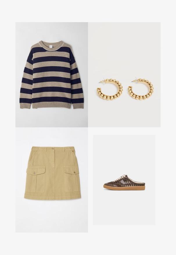 Gestreepte trui in beige en marineblauw, gemaakt van zachte materialen. Beschikt over een ronde hals, verlaagde schouders en geribde manchetten en zoom.; Khaki katoenen rok met twee zijvakken, een sluiting met knopen aan de voorkant en een rechte snit, met een zoom die boven de knie eindigt.; Bruine geweven leren instapsneaker met witte veters en een beige rubberen zool, getoond in profiel op een effen lichte achtergrond.; Een paar gouden creolen met afgeronde kraaldetails langs de buitenrand op een lichte achtergrond.