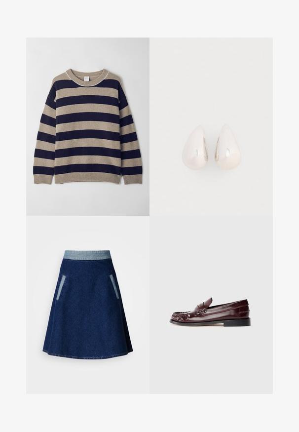 Gestreepte trui in beige en marineblauw, gemaakt van zachte materialen. Beschikt over een ronde hals, verlaagde schouders en geribde manchetten en zoom.; Donkerblauwe denim A-lijn rok met een lichtgekleurde denim tailleband en twee zijzakken. Heeft een gestikte zoom en een gladde textuur.; Bordeaux leren penny loafer met zwarte zool en goudkleurig metalen detail op de vamp, weergegeven in zijaanzicht op een witte achtergrond.; Zilveren metalen druppeloorbellen met een gladde, reflecterende oppervlakte en een druppelvorm, voorzien van een naadloos ontwerp en zonder zichtbare versieringen.