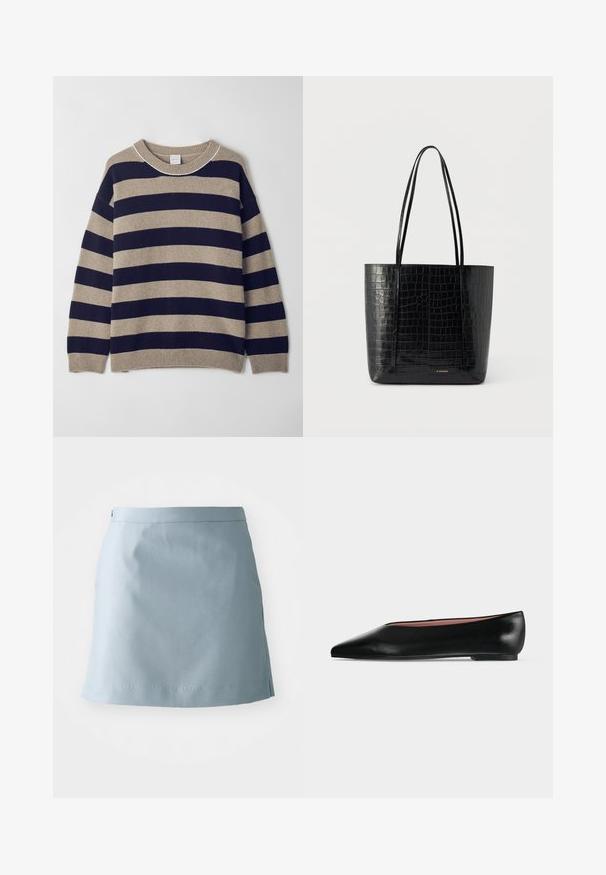 Stribet sweater i beige og marineblå, lavet af blødt materiale. Har en rund hals, sænkede skuldre og ribbet manchetter og kant.; Lysblå nederdel lavet af glat stof, med en lige skæring, en smal talje og minimale syninger ved kanten.; Sort damesko i læder med flad hæl og spids tå, vist fra siden på en ensfarvet lys grå baggrund.; Sort shopper-taske med krokodilletekstur og lange håndtag, stående oprejst på en ensartet lys baggrund.