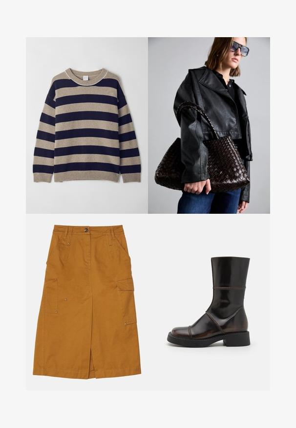 Gestreepte trui in beige en marineblauw, gemaakt van zachte materialen. Beschikt over een ronde hals, verlaagde schouders en geribde manchetten en zoom.; Bruine katoenen knielange rok met een vooruitsnijding, twee zijzakken en een klein logo-opdruk. Voorzien van een knoopsluiting en riemlussen.; MIISTA DAHLIA - Plateaulaarzen - brown; DRAGON DIFFUSION SANTA CROCE BIG - Handtas - dark brown