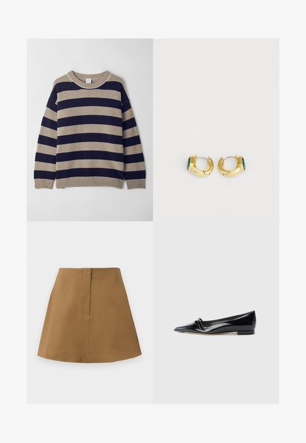 Gestreepte trui in beige en marineblauw, gemaakt van zachte materialen. Beschikt over een ronde hals, verlaagde schouders en geribde manchetten en zoom.; Bruine rok met een uitlopende silhouet, gemaakt van een gladde stof. Kenmerkt zich door een eenvoudige tailleband en een achternaaddetail.; Zwarte gepatenteerde leren platte schoen met een puntige neus, een kleine decoratieve band en een lage blokhak. Gladde textuur en strak ontwerp.; Gouden hoepel oorbellen met een groene facetterende edelsteenaccent. Gladde oppervlakte met een lichte kromming, gepolijst afwerking en minimalistisch ontwerp.