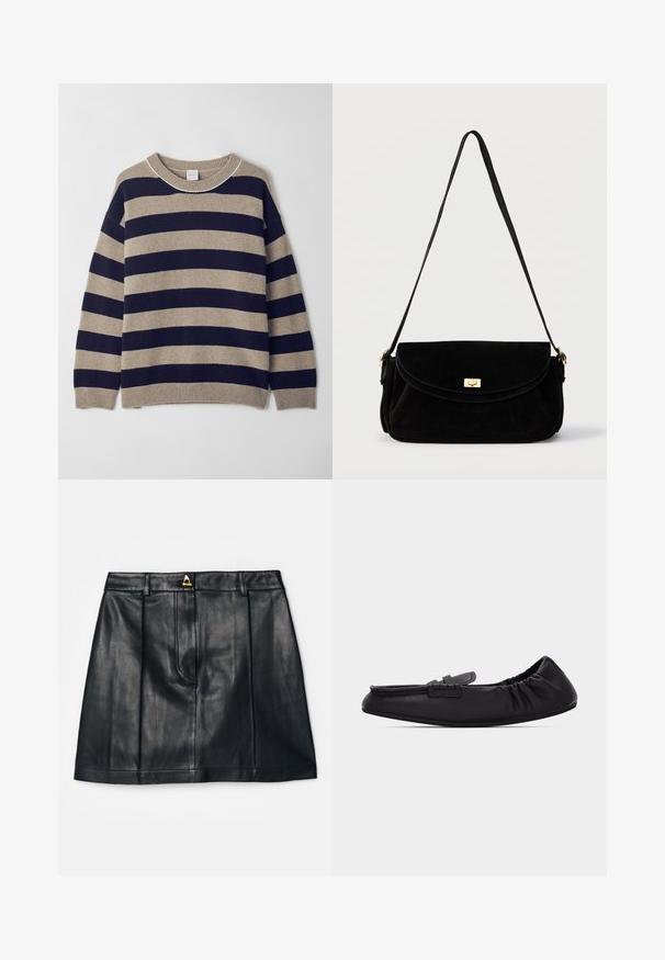 Suéter a rayas en beige y azul marino, hecho de material suave. Presenta un cuello redondo, hombros caídos y puños y dobladillo acanalados.; AERON RUDENS SKIRT - Falda acampanada - black; Mocasín plano de cuero negro con parte trasera elástica y un pequeño detalle de correa en la parte superior, visto de lado sobre un fondo blanco.; Bolso de hombro de ante negro con solapa y cierre giratorio rectangular dorado, con una sola correa larga y lados suaves estructurados.
