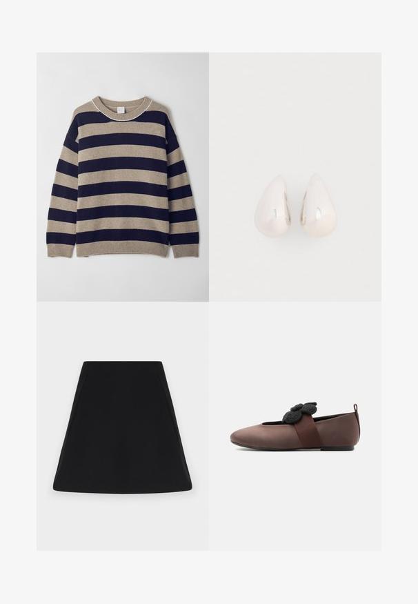 Gestreifter Pullover in Beige und Marineblau, aus weichem Material gefertigt. Verfügt über einen Rundhalsausschnitt, überschnittene Schultern sowie Rippbündchen und -saum.; Schwarzer A-Linien-Rock mit klaren Linien und glatter Textur, flach auf weißem Hintergrund präsentiert.; Brauner flacher Schuh mit rundem Zehenbereich, schwarzem elastischem Riemen, der mit einer schwarzen Filzblume verziert ist, und kleinem Fersenlasche.; Silberne Metall-Ohrringe in Tropfenform mit einer glatten, reflektierenden Oberfläche, die ein nahtloses Design und keine sichtbaren Verzierungen aufweisen.