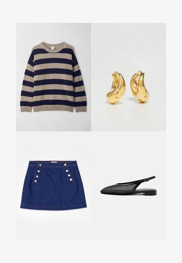 Gestreifter Pullover in Beige und Marineblau, aus weichem Material gefertigt. Verfügt über einen Rundhalsausschnitt, überschnittene Schultern sowie Rippbündchen und -saum.; FRAME SAILOR SNAP SKIRT - Jeansrock - celestine; Schwarzer Slingback-Flachschuh mit spitzer Kappe, Mesh-Obermaterial, verstellbarem Schnallenriemen und niedrigem Blockabsatz auf weißem Hintergrund.; Goldene Creolen mit einer glatten, geschwungenen Form und polierter Oberfläche. Mit einem Verschlussmechanismus und leichten Einkerbungen für Details.