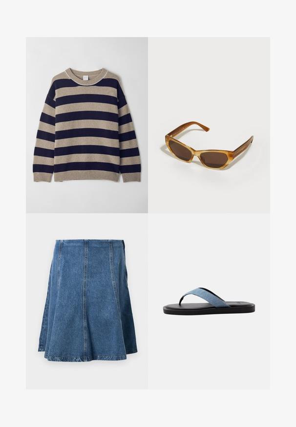 Stribet sweater i beige og marineblå, lavet af blødt materiale. Har en rund hals, sænkede skuldre og ribbet manchetter og kant.; Denimnederdel i mellemblå med en udsvinget form, har synlige syninger, en talje og en kant, der svagt bølger i bunden.; Sort flad sandal med en lyseblå stofstropp og polstret sål på hvid baggrund.; Brune-tonede solbriller med en gennemskinnelig ravfarvet stel. Mærkbar vinklet form, slanke brune arme og diskrete logo-detaljer.