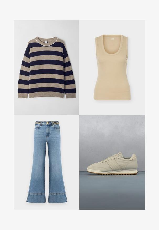 Gestreepte trui in beige en marineblauw, gemaakt van zachte materialen. Beschikt over een ronde hals, verlaagde schouders en geribde manchetten en zoom.; Beige geribd mouwloos hemd met ronde hals, slim fit en GAP-logo aan de binnenkant van de achterkant van de hals.; Lichtblauwe uitlopende spijkerbroek van denim met een hoge taille, voorzien van een gouden kettingaccent op de tailleband en contrasterende stiknaden bij de zoom.; Beige lage sneakers met vetersluiting aan de voorkant, geweven rubberen zool en gebrandmerkte zijstrepen tegen een effen witte achtergrond.