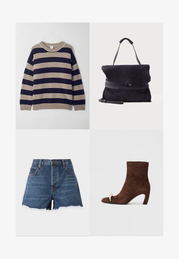Stribet sweater i beige og marineblå, lavet af blødt materiale. Har en rund hals, sænkede skuldre og ribbet manchetter og kant.; Denimblå shorts med høj talje, frontknap, lynlås, to forlommer, bæltestropper og frynset kant mod en hvid baggrund.; Brune ruskindsankelstøvle med spids tå, der har en guldfarvet detalje foran og en buet hæl. Glat overflade, struktureret design.; Sort ruskindshåndtaske med foldet klap, topstrop, justerbar tynd rem og bælte-detalje rundt om midten på en ensfarvet baggrund.