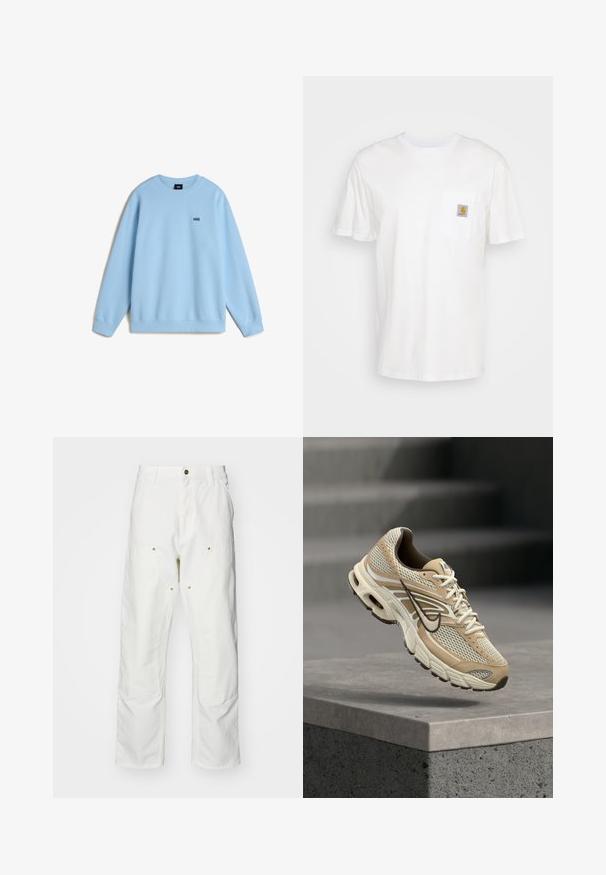 Helles blaues Sweatshirt aus weichem Stoff, mit Rundhalsausschnitt und langen Ärmeln. Kleines schwarzes "VANS"-Logo auf der Brust. Lässiger Schnitt.; Weißes Baumwoll-T-Shirt mit kurzen Ärmeln, einer Brusttasche und einem kleinen quadratischen Logopatch in Orange und Weiß auf der Tasche.; Weiße Baumwoll-Cargohose mit lockerer Passform. Zu den Merkmalen gehören Fronttaschen, goldfarbene Hardware-Akzente und verstärkte Kniebereiche.; Beiger und weißer Nike Laufschuh mit Mesh-Paneelen und schwarzem Swoosh, schwebt über einem Betonsims mit unscharfen Treppen im Hintergrund.