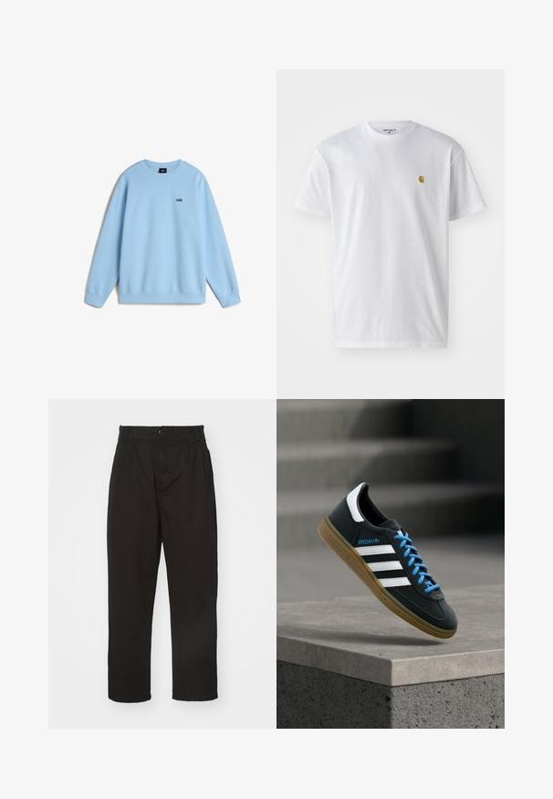 Lys blå sweatshirt lavet af blødt stof, med rund hals og lange ærmer. Lille sort "VANS" logo på brystet. Løs pasform.; Hvid bomulds t-shirt med korte ærmer, rund hals og et lille guld logo på venstre brystområde. Blød tekstur og almindelig pasform.; Sorte bukser lavet af glat stof, med knaplukning, lige pasform og to frontfolder for ekstra detalje.; Sort Adidas sneaker med hvide striber, blå snørebånd og gummisål, der svæver over gråt betontrin i blødt lys.