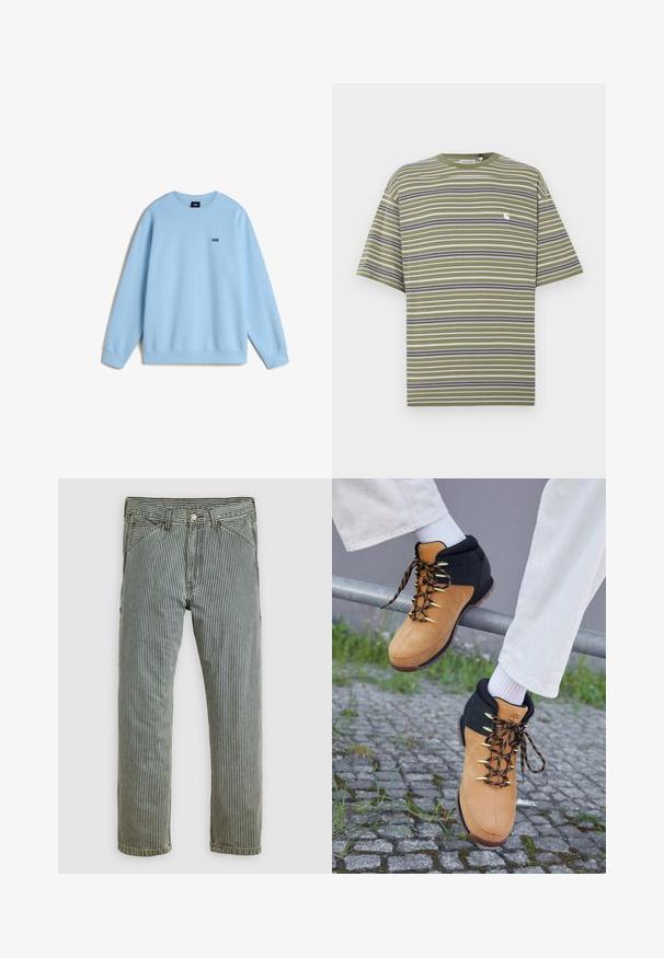 Lichtblauwe sweatshirt van zacht materiaal, met een ronde hals en lange mouwen. Klein zwart "VANS" logo op de borst. Relaxte pasvorm.; Kortärmelig gestreepte T-shirt in olijfgroen met horizontale witte, marineblauwe en grijze strepen; met een klein wit logo op de borst.; Vertical zwart-witte gestreepte rechte broek met voorzakken en lusjes voor een riem, plat weergegeven op een lichte achtergrond.; Bruine en zwarte wandelschoenen met een bovenkant van suede, gouden oogjes en gemusterde veters, tentoon gesteld op een reling boven kasseien. Witte sokken zichtbaar.