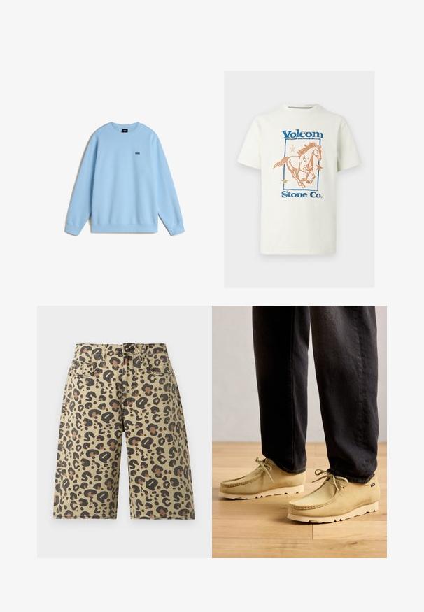 Lichtblauwe sweatshirt van zacht materiaal, met een ronde hals en lange mouwen. Klein zwart "VANS" logo op de borst. Relaxte pasvorm.; Witte katoenen T-shirt met een afbeelding van een galopperend paard, blauwe "Volcom" tekst en oranje sterren binnen een rechthoekige omlijning.; Korte broek met luipaardprint in een katoenmix, met een beige achtergrond en zwarte en bruine vlekken, vijf zakken en knoopsluiting.; Beige suède veterschoenen gedragen met zwarte broek op een houten vloer, wat een casual en comfortabele stijl toont.