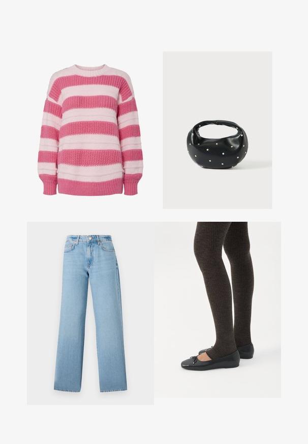 Suéter a rayas en rosa claro y rosa oscuro, hecho de un tejido texturizado, con cuello redondo y puños de canalé.; Jeans de pernera ancha de color azul claro, confeccionados en denim, con una cintura alta, diseño de cinco bolsillos y cierre de botón con cremallera.; Piernas con leggings oscuros acanalados combinados con bailarinas negras que presentan pequeños detalles de lazo sobre un fondo blanco.; Bolso de mano de cuero negro con forma redondeada, decorado con detalles de tachuelas plateadas y un asa corta. Textura lisa y cierre con cremallera.