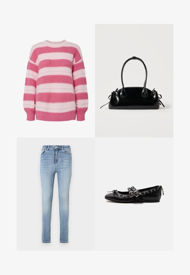Suéter a rayas en rosa claro y rosa oscuro, hecho de un tejido texturizado, con cuello redondo y puños de canalé.; Jeans ajustados de denim azul claro, con una cintura alta, un ligero desgaste, un diseño estándar de cinco bolsillos y una cremallera con cierre de botón.; Zapato de ballet plano negro con correas de doble hebilla, ojales plateados y un pequeño lazo cerca de la puntera redondeada sobre un fondo blanco.; Pequeño bolso negro brillante con dos asas largas y detalles de cordón lateral sobre un fondo claro liso.