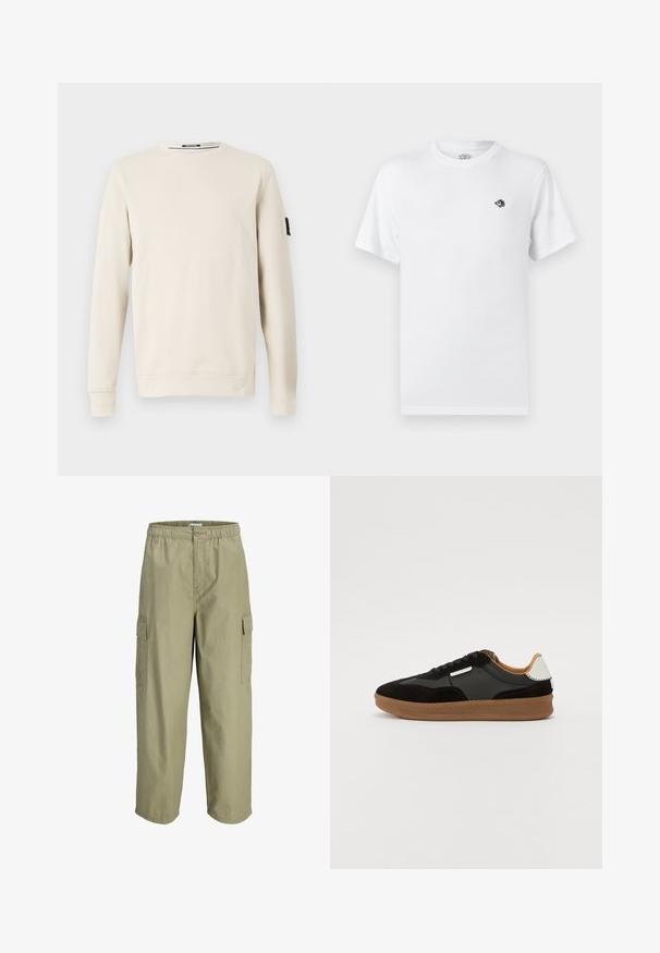 Sweatshirt beige à col ras du cou en tissu doux, avec des manches longues et un petit logo noir sur la manche gauche.; T-shirt blanc uni à manches courtes et col rond avec un petit logo brodé noir et blanc sur le côté gauche de la poitrine.; Pantalon cargo droit marron clair avec taille élastique, fermeture à bouton et poches à rabat de chaque côté.; Baskets en daim et cuir noir et gris avec une semelle en caoutchouc gomme, présentant des lacets noirs et un accent blanc au niveau du talon.
