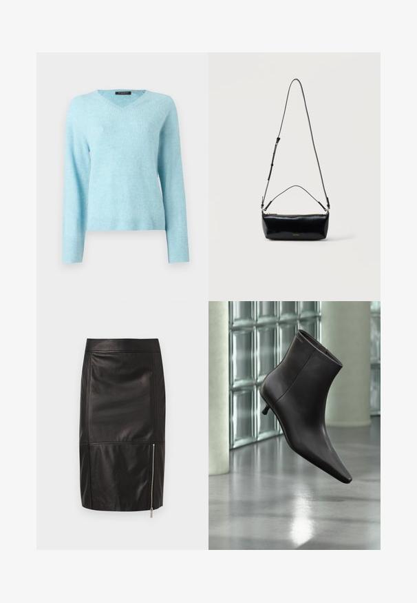 Pull en maille douce texturée bleu clair avec col en V. Manches longues avec poignets et ourlet côtelés. Design simple et sans ornements.; Jupe en cuir noire longueur genou avec des détails de coutures verticales et horizontales et une fermeture éclair argentée sur le côté inférieur droit.; Bottine en cuir noir avec bout pointu et petit talon, présentée devant un mur en blocs de verre et un sol poli.; Sac bandoulière rectangulaire en cuir noir avec bandoulière ajustable, fermeture éclair sur le dessus et petit logo Calvin Klein doré sur le devant.
